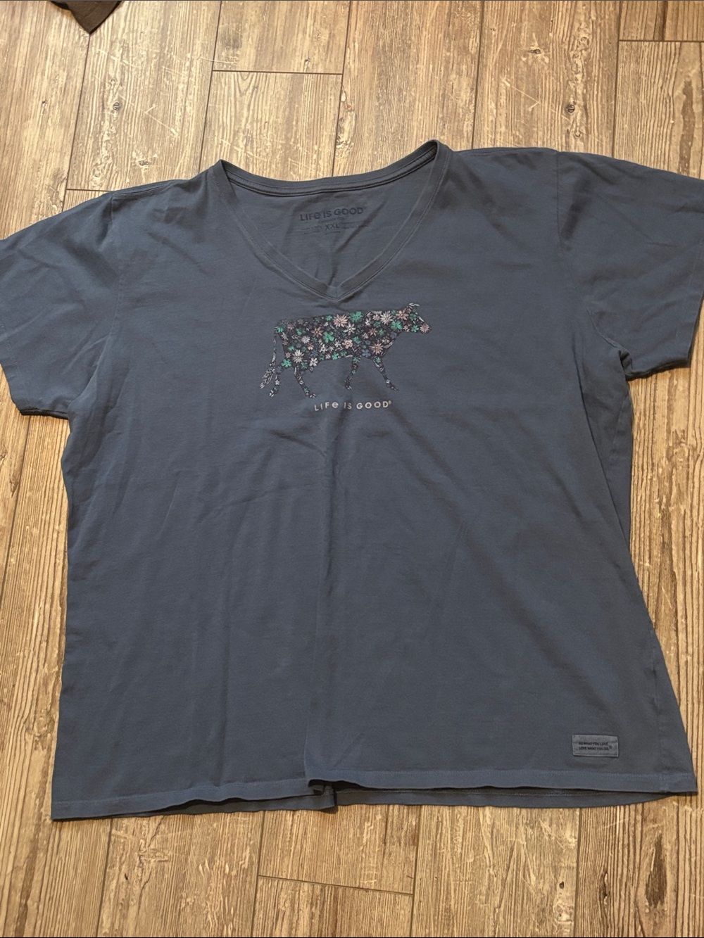 Life Is Good Women's Blue V-Neck Tee with Floral Cow Print